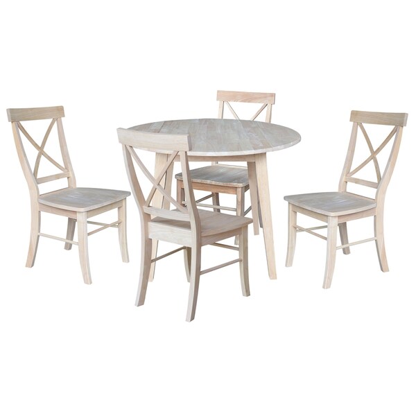 International Concepts 42 in. Solid Wood Round Dual Drop Leaf Dining Table with 4 Chairs, White/Heather Gray K-42DL-C613-4 - main